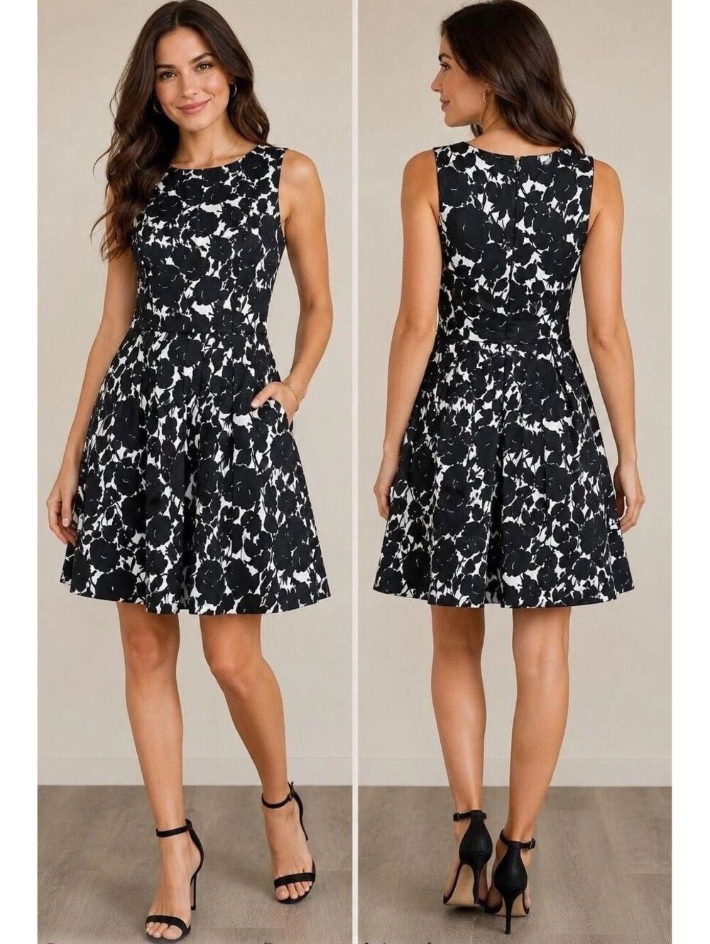 Talbots Dress Womens 6 Black White Floral Fit & Flare Sleeveless Pockets